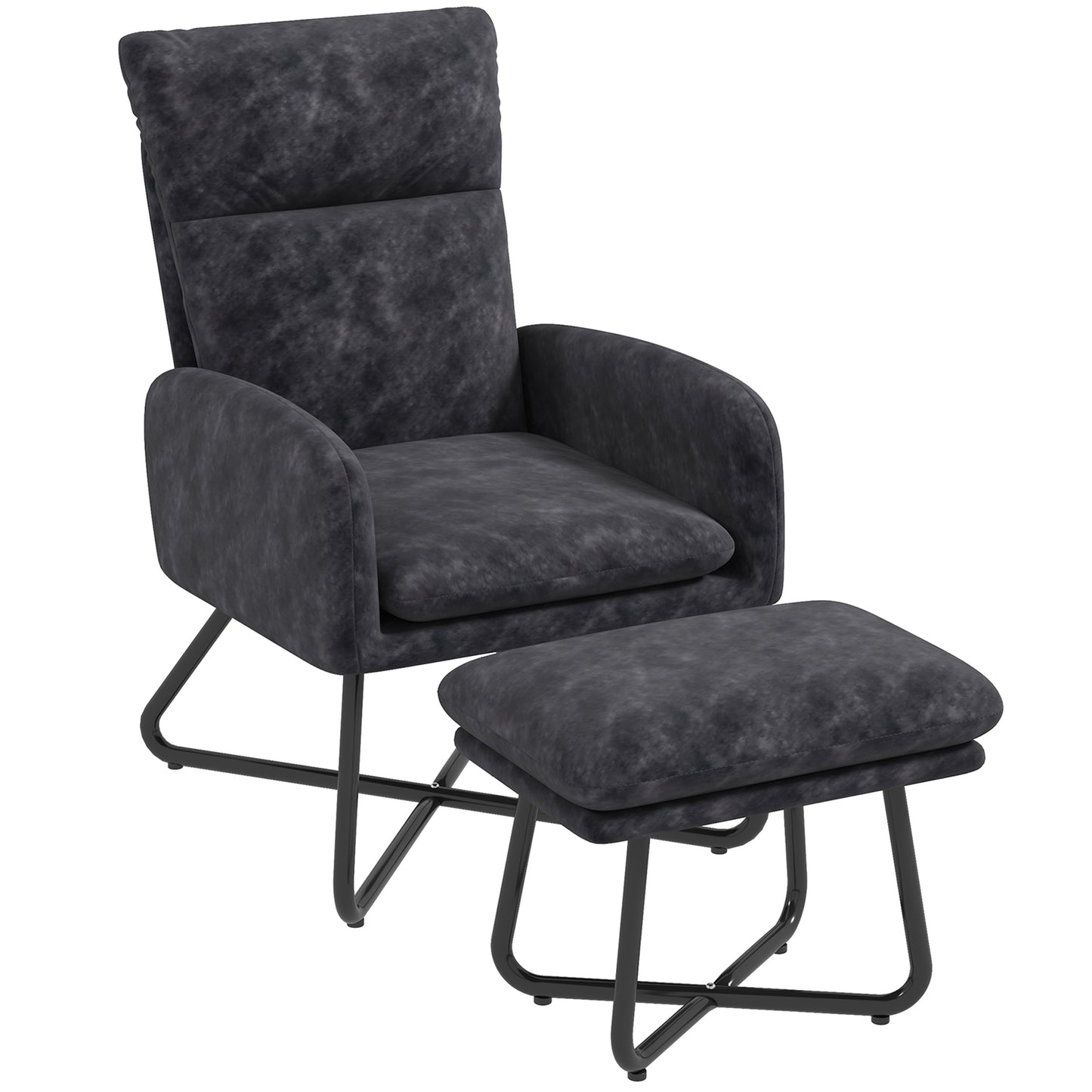 HOMCOM Cozy Relaxation Haven: Upholstered Armchair with Ottoman, Cross Metal Legs, Padded Cushion for Bedroom, Dark Grey | Dipra Home