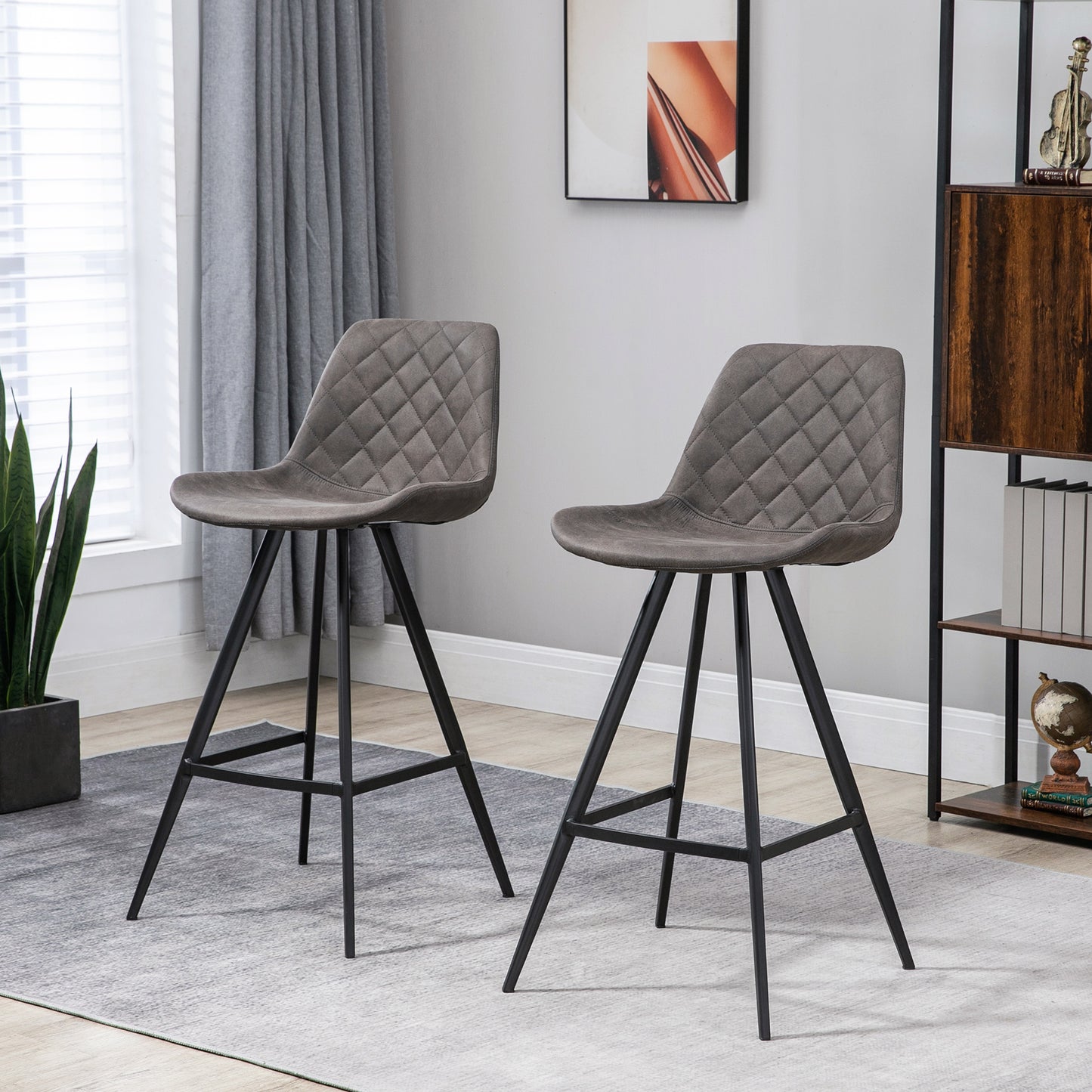 HOMCOM Set of 2 Microfiber Cloth Bar Stools Kitchen Stools Metal Leg Padded Cushion Charcoal Grey Seating | Dipra Home