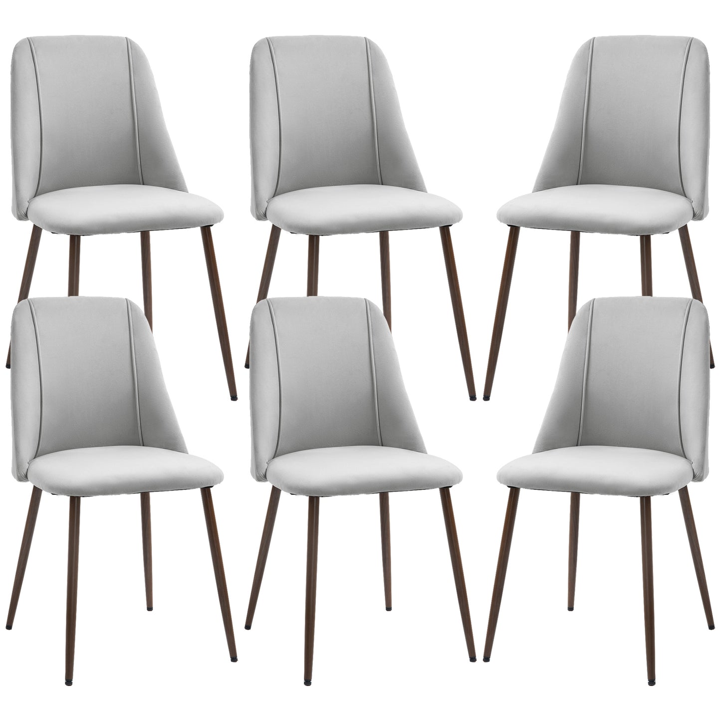 HOMCOM Upholstered Dining Chairs Set of 6, Velvet Accent Chair with Back and Wood-grain Steel Leg for Kitchen, Grey | Dipra Home