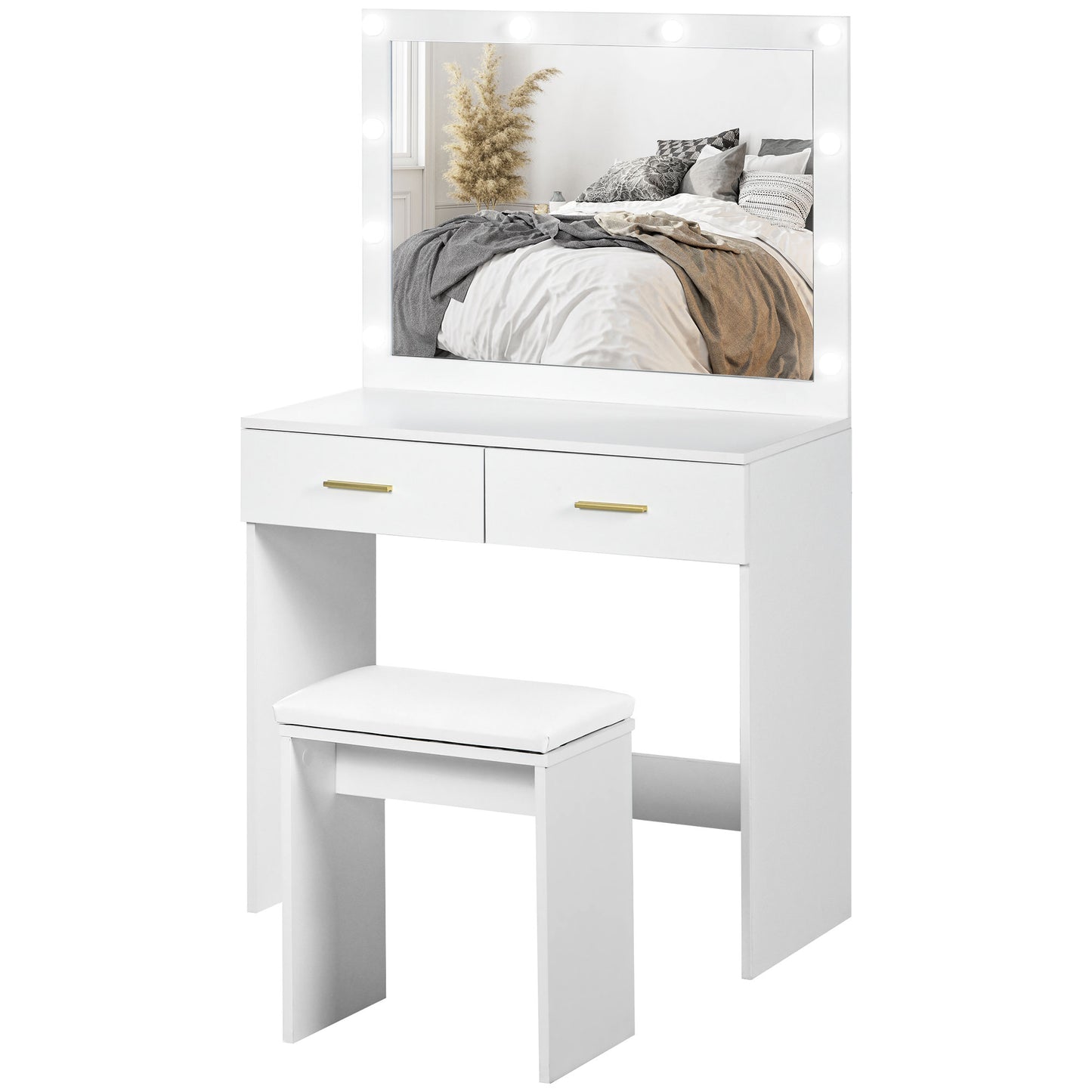 HOMCOM Makeup Vanity Desk Set with Stool, Dressing Table with LED Lighting Mirror, Drawers, for Bedroom, White | Dipra Home