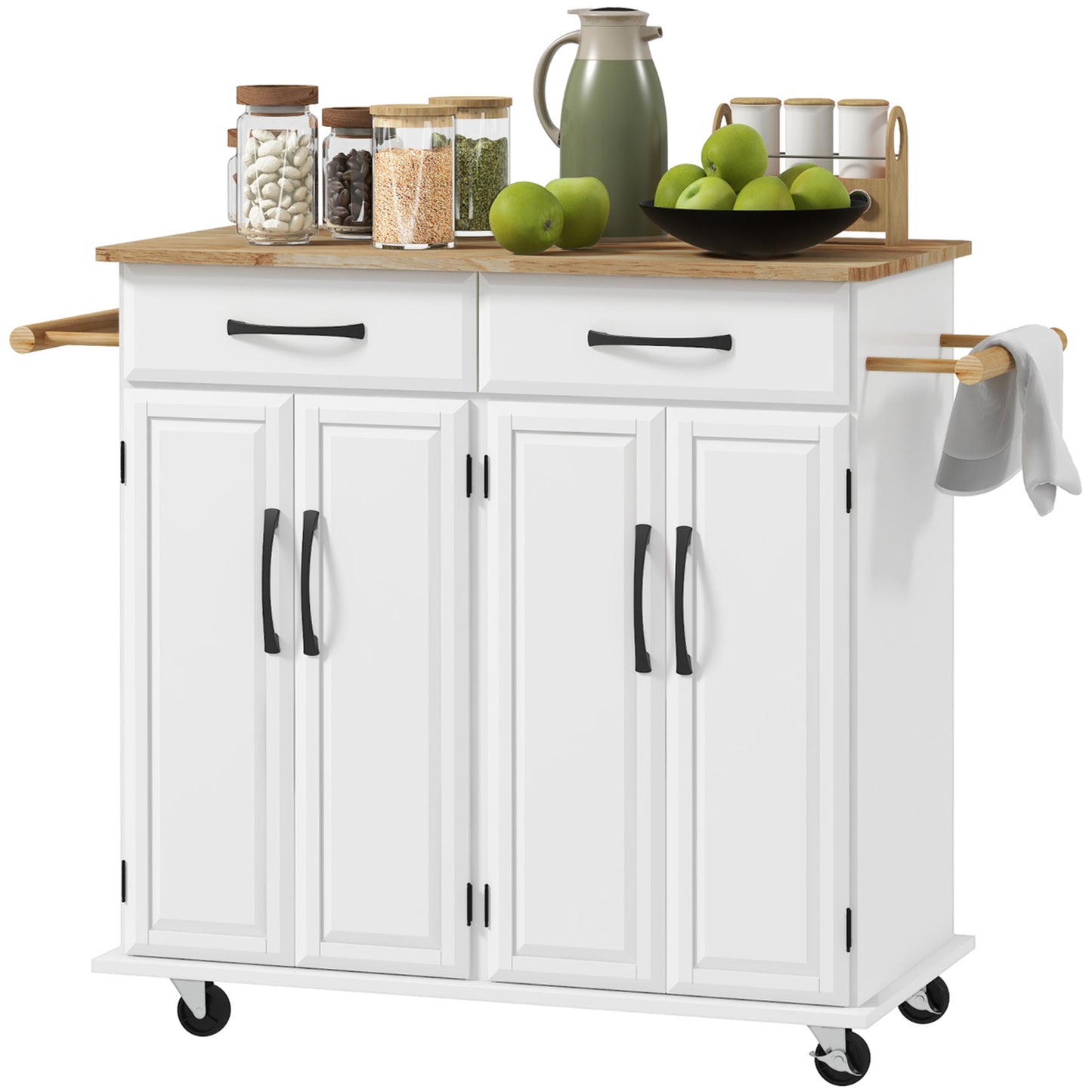 HOMCOM Kitchen Cart on Wheels: Rubber Wood Top, 2 Drawers, 4 Doors & Adjustable Shelving | Dipra Home