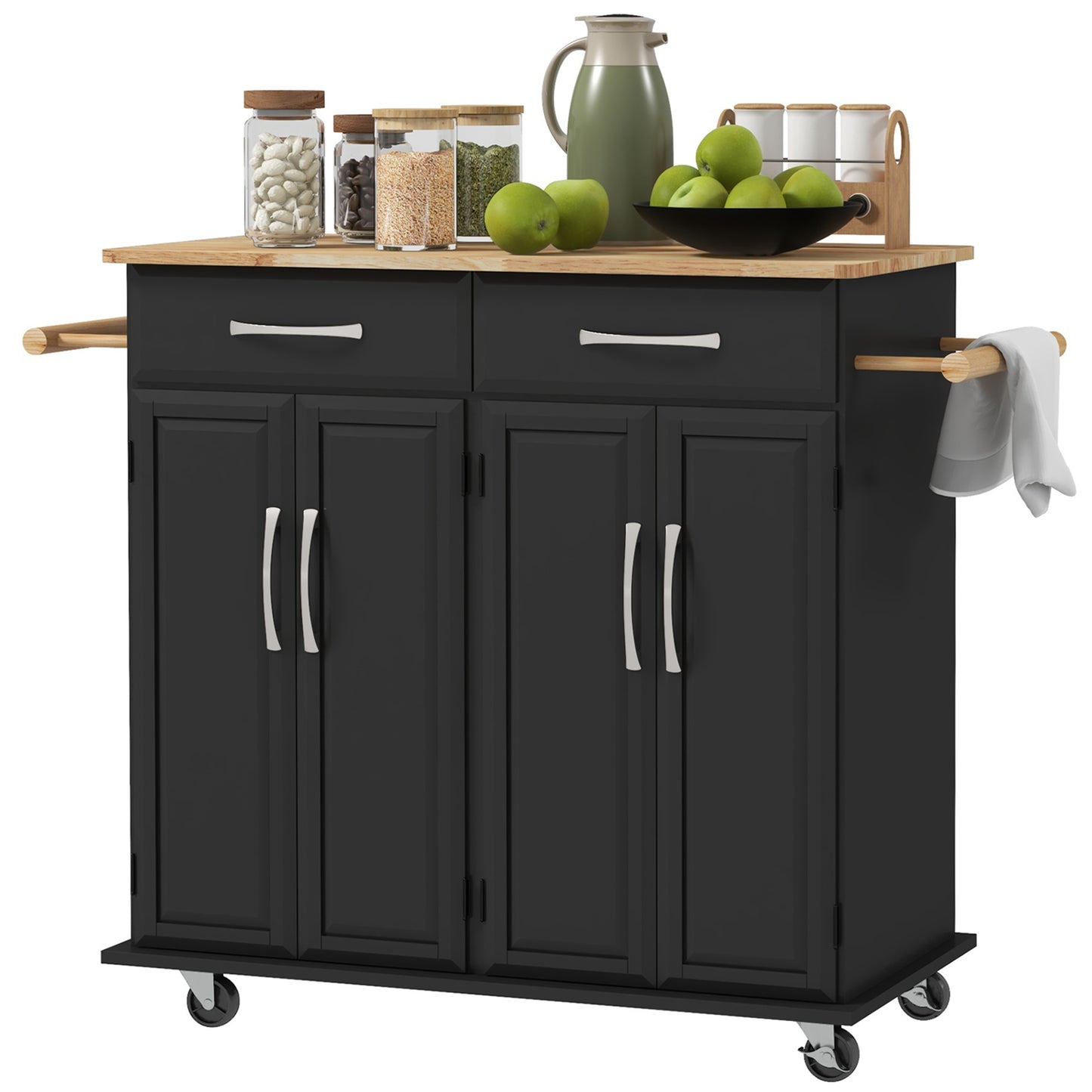 HOMCOM Kitchen Island on Wheels Rubberwood Top Rolling Cart 2 Drawers 4 Doors Adjustable Shelves Mobile Storage Furniture | Dipra Home