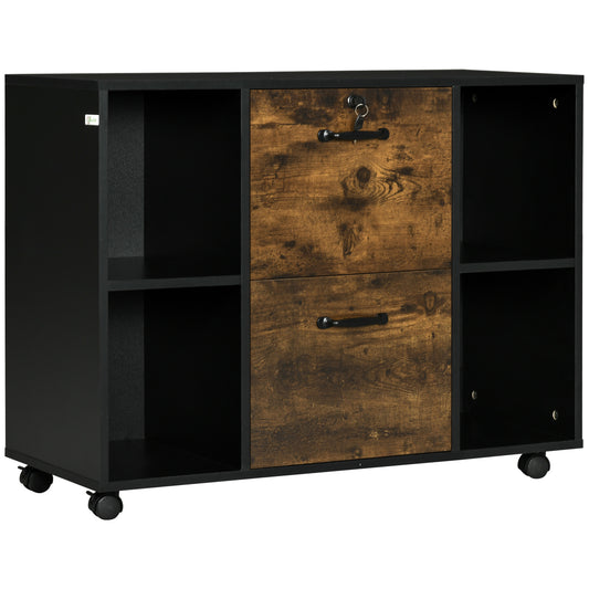 Vinsetto Lateral File Cabinet: Wheels, Lockable Drawer, Open Shelves, Rustic Brown | Dipra Home