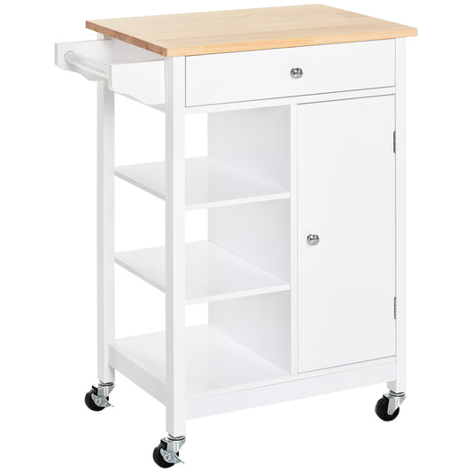 HOMCOM Coffee Bar Kitchen Island: White Rolling Cart with Wood Top, Storage Cabinet, Drawer & Shelf Versatility | Dipra Home