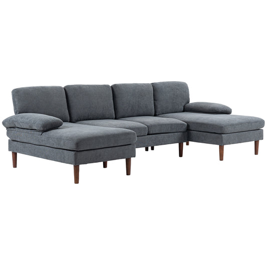 HOMCOM U-Shaped Dark Grey Couch - Contemporary 4-Seater Sofa with Double Chaise Lounge & Wooden Legs for Spacious Living Areas | Dipra Home