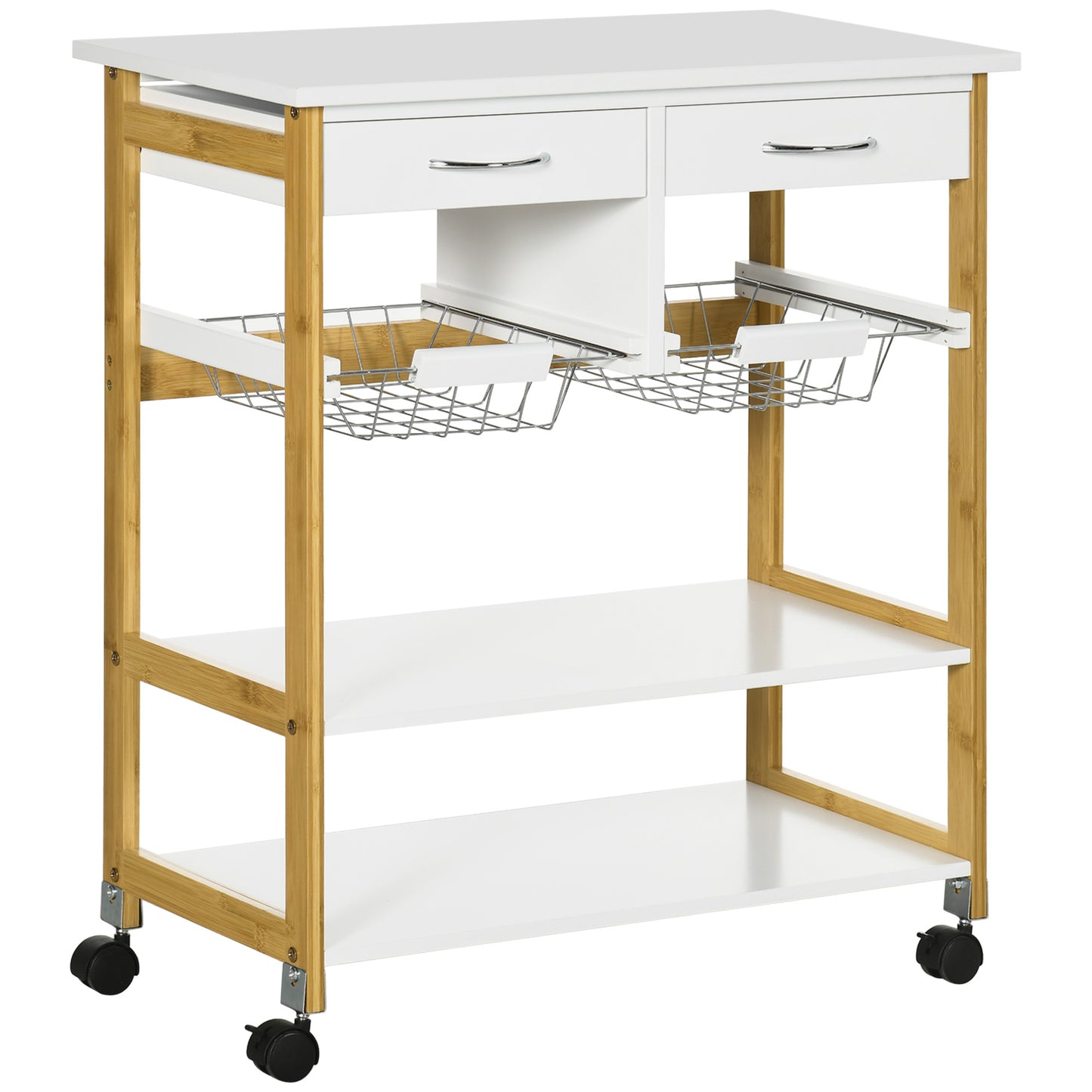 HOMCOM Bamboo Kitchen Organizer: Storage Cart on Wheels with 2 Drawers, Metal Baskets, Open Shelves, Locking Casters, Natural Finish | Dipra Home