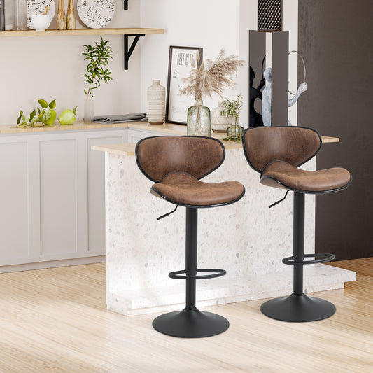 HOMCOM Set of 2 Vintage Bar Stools Microfiber Cloth Adjustable Height Swivel Seat Armless Chairs Brown | Dipra Home