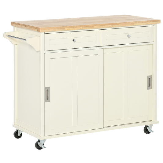 HOMCOM Kitchen Cart on Wheels Rubberwood Top 2 Drawers Towel Rack Cream White Versatile Furniture Storage Rolling Island | Dipra Home