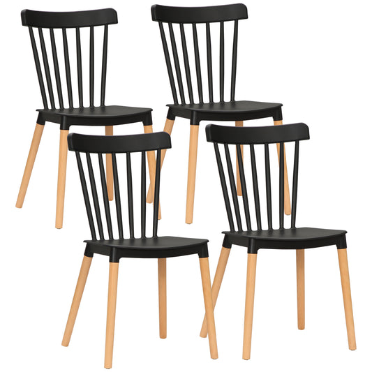 HOMCOM Set of 4 Dining Chairs Modern Kitchen Slatted Back PP Seat Beechwood Legs Black for Living Room Decor | Dipra Home