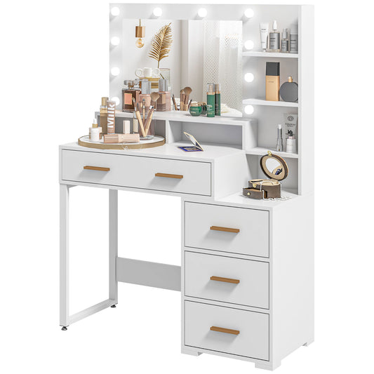 HOMCOM Illuminated Dresssing Table, LED Vanity Table with Mirror, Drawer and Storage Shelves for Bedroom, White | Dipra Home