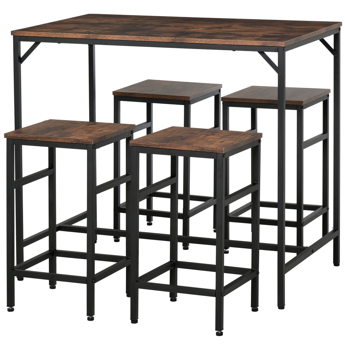 HOMCOM Industrial Rectangular Bar Table Set with 4 Stools for Dining Room, Kitchen, Dinette, Black, Rustic Brown | Dipra Home