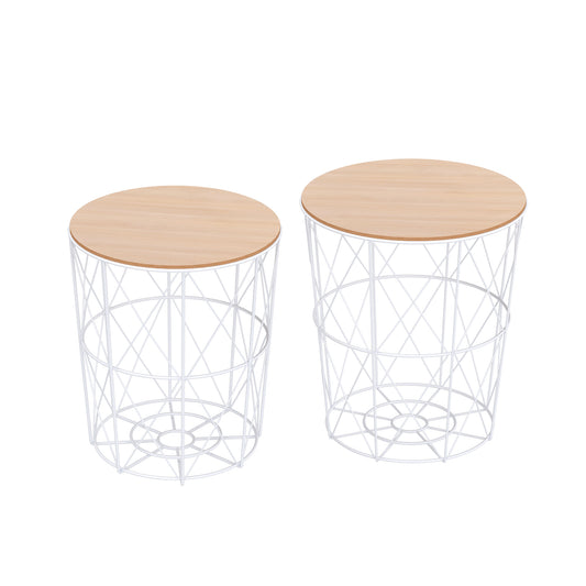 HOMCOM Nesting Coffee Table Set: 2 Round Metal Wire Baskets in White & Natural Finish | Dipra Home