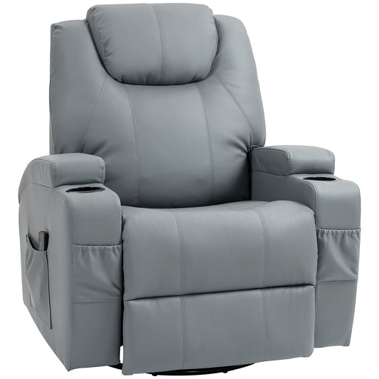 HOMCOM Massage Recliner Chair Leather Swivel Rocker Manual Reclining Chair with 8 Vibration Points, Cup Holders, Light Grey | Dipra Home