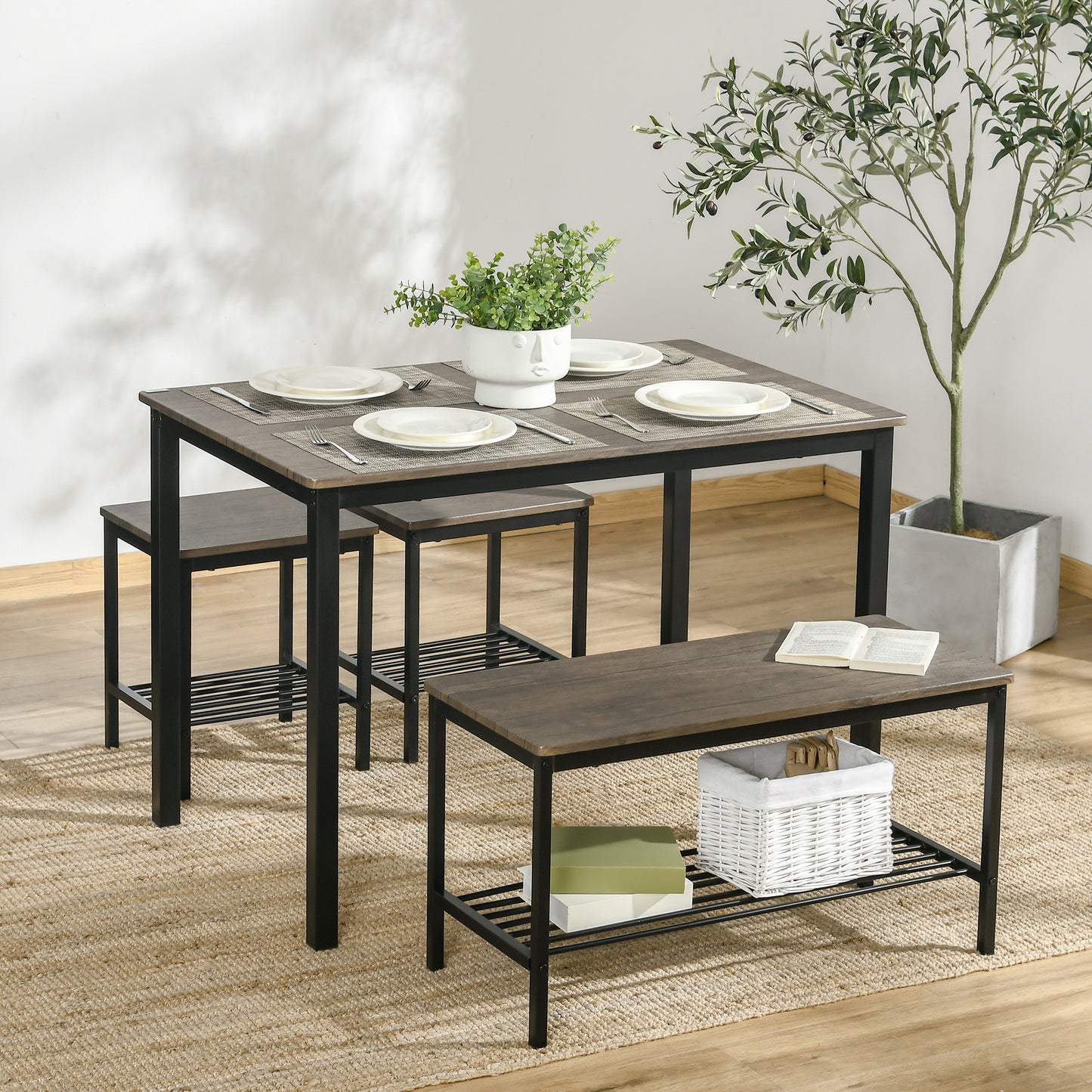 HOMCOM Industrial Dining Set: 4-Person Kitchen Table with Chairs and Bench, Metal Frame with Storage Shelf | Dipra Home