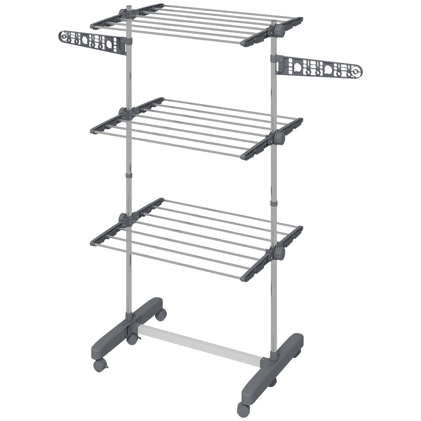 HOMCOM Laundry Rack Drying 3 Layers Stainless Steel Foldable Clothes Airer with Side Wings 6 Castors Grey | Dipra Home