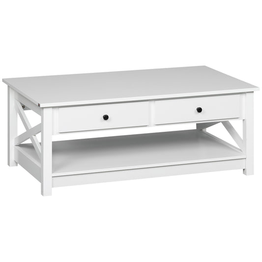 HOMCOM White Coffee Table with Drawers: Modern Centre Table with Storage Drawers, Open Shelf for Living Room | Dipra Home