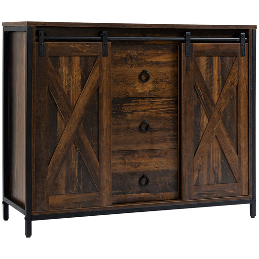 HOMCOM Rustic Brown Industrial Cabinet: Kitchen Sideboard with Sliding Barn Doors, 3 Drawers & Adjustable Shelves | Dipra Home