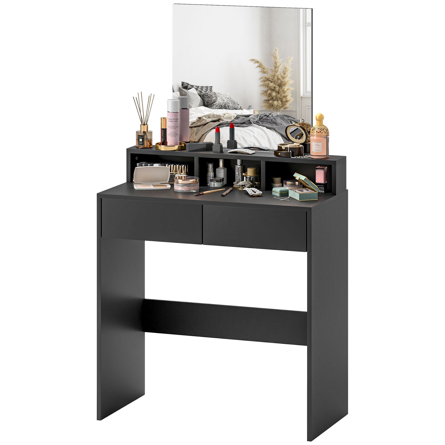 HOMCOM Makeup Vanity Desk with Mirror, for Bedroom, Modern Dressing Table with Drawers, Compartments, Black | Dipra Home