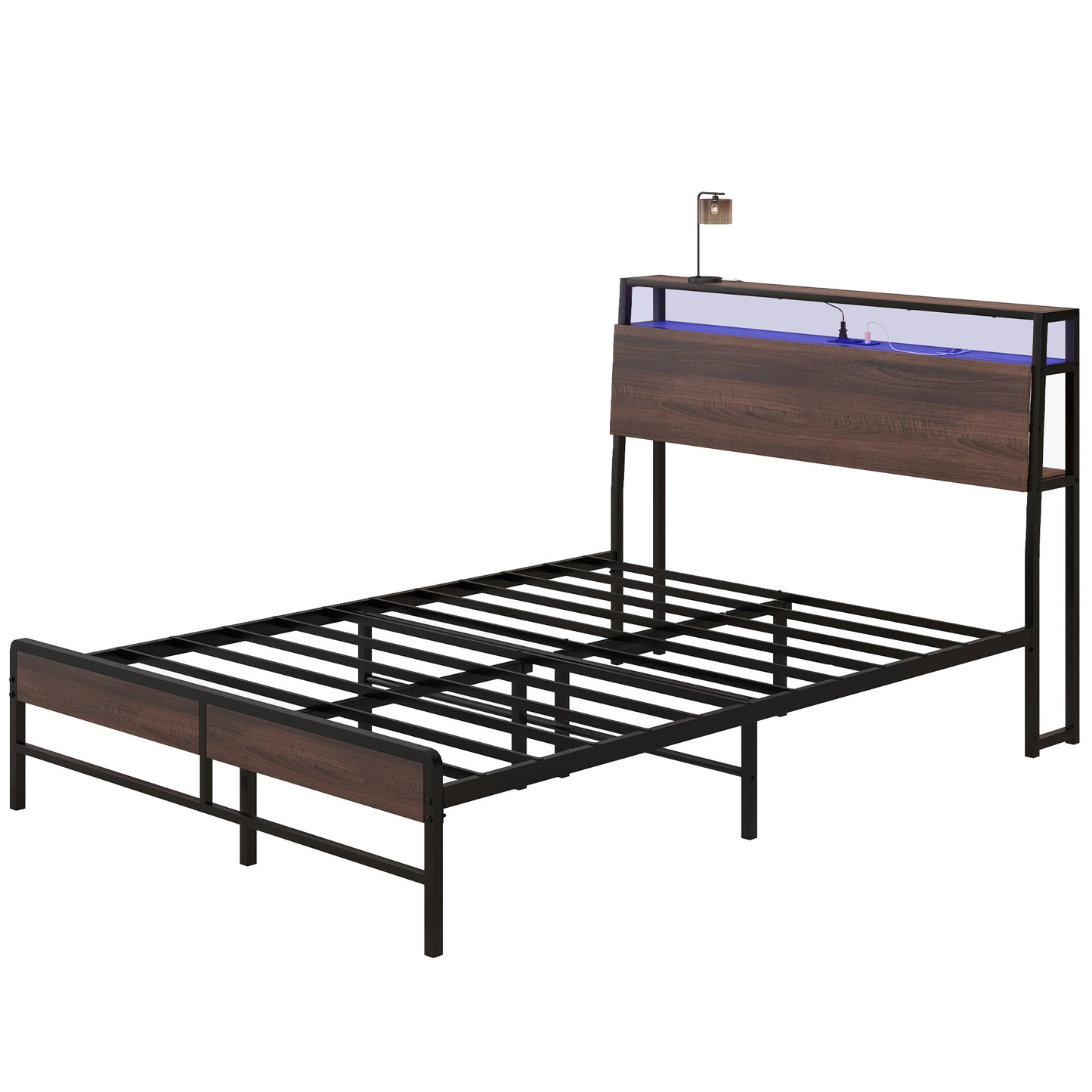 HOMCOM Full Size Bed Frame with LED Lights and Charging Station, Full Bed Frame with Storage Headboard, Noise-Free, Walnut | Dipra Home