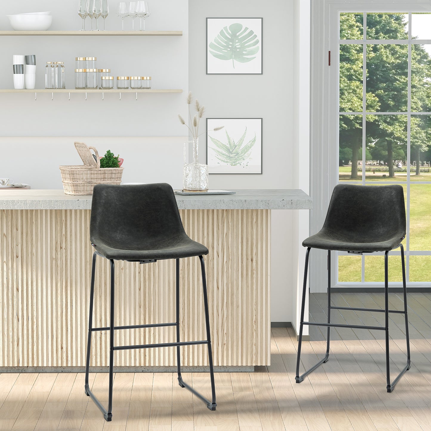 HOMCOM Sophisticated Seating: Set of 2 Counter Height Bar Stools, PU Leather with Footrest, Dark Grey Tone for Dining Room or Home Bar | Dipra Home