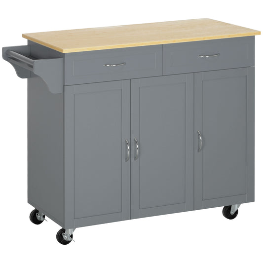 HOMCOM Rolling Kitchen Cart with Storage Bamboo Countertop Drawers Cabinets 3 Doors Kitchen Island on Wheels Grey | Dipra Home