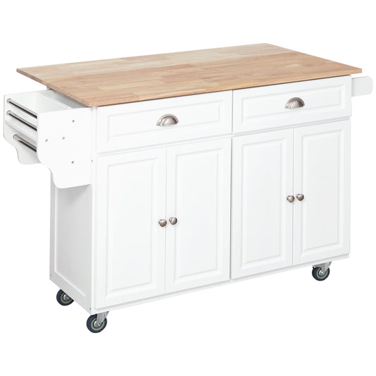 HOMCOM Rolling Kitchen Island on Wheels Utility Cart with Drop-Leaf and Rubber Wood Countertop, Storage Drawers, Door Cabinets, White | Dipra Home