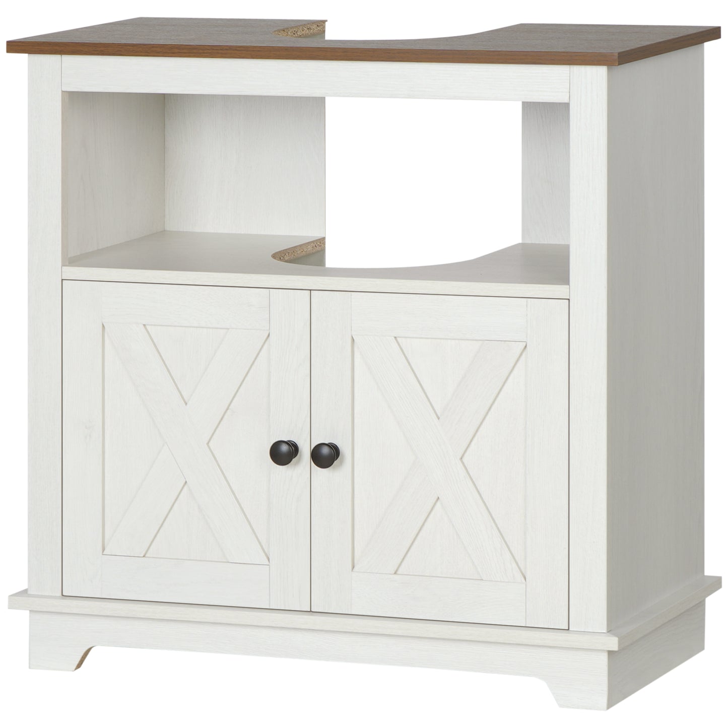 kleankin Farmhouse Pedestal Sink Bathroom Cabinet Storage Double Doors Shelves White | Dipra Home