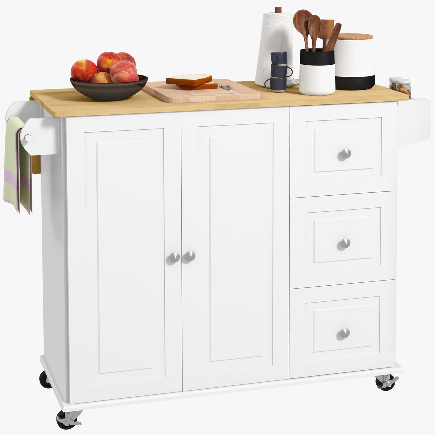 HOMCOM Rolling Kitchen Sidekick: White Island Cart with Drop Leaf, 3 Drawers, Spice Rack, Towel Rack, Natural Wood Top | Dipra Home