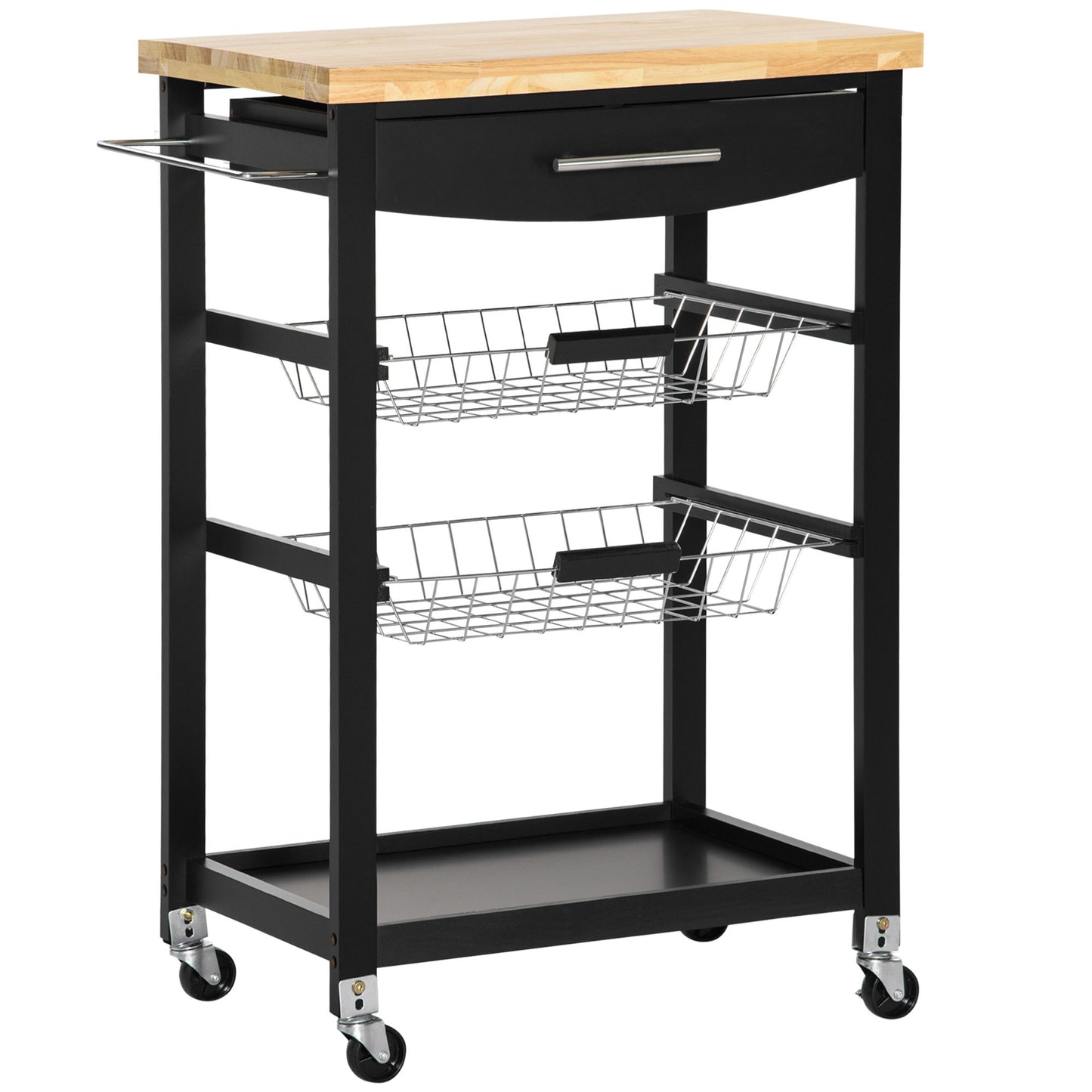 HOMCOM Kitchen Caddy Convenience: 3-Tier Cart with Handle Bar, Steel Basket, Rolling Food Storage Trolley, Drawer, Rubber Wood Top | Dipra Home