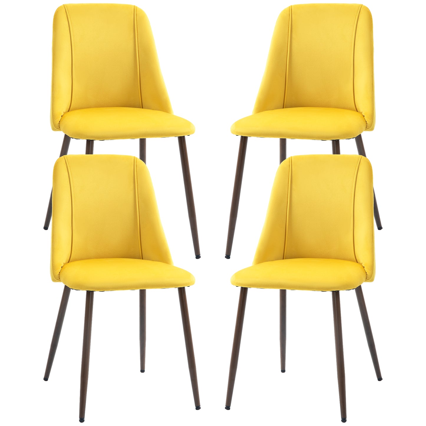 HOMCOM Upholstered Dining Chairs Set of 4, Velvet Accent Chair with Back and Wood-grain Steel Leg for Kitchen, Yellow | Dipra Home