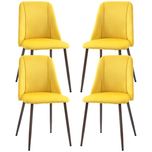 HOMCOM Upholstered Dining Chairs Set of 4, Velvet Accent Chair with Back and Wood-grain Steel Leg for Kitchen, Yellow | Dipra Home