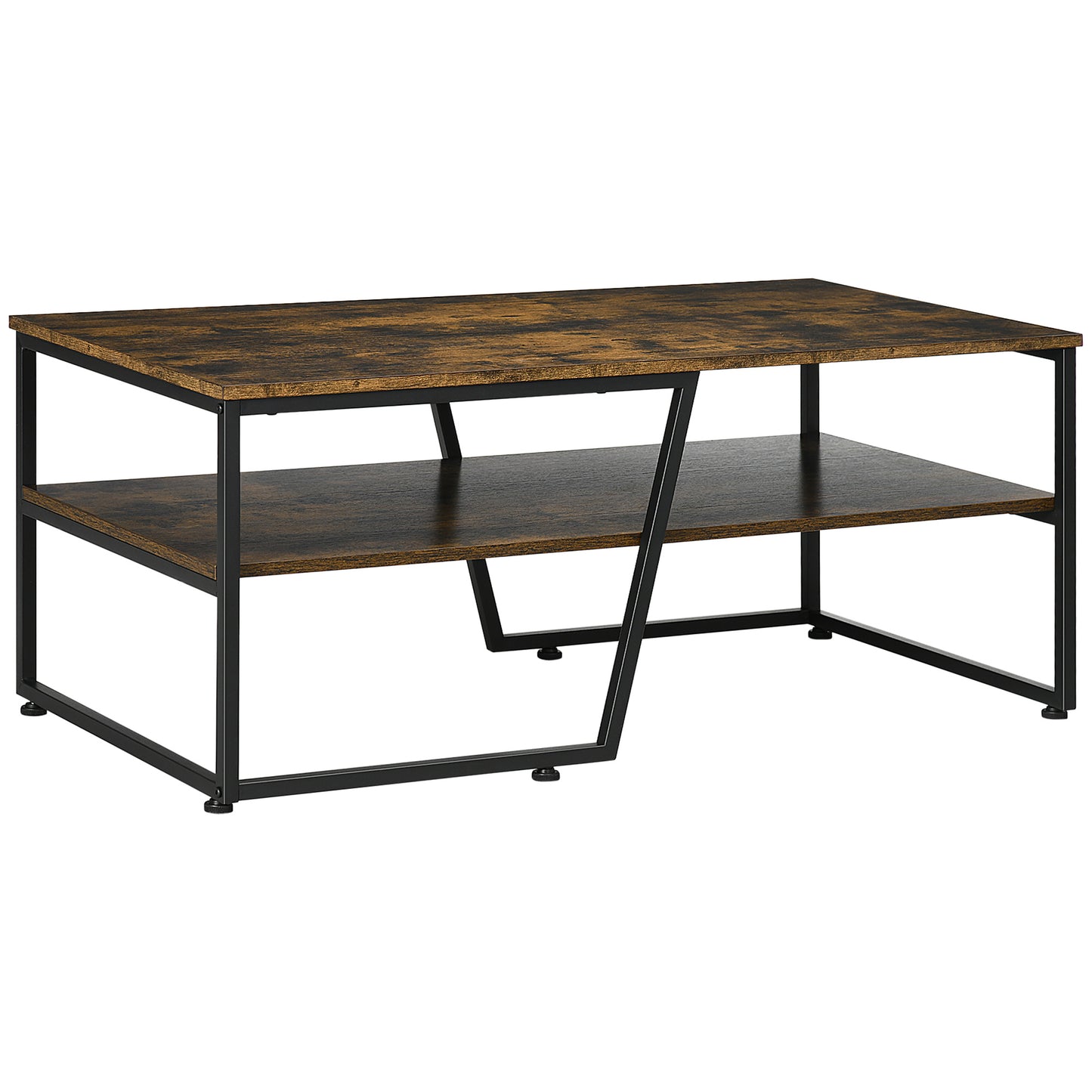 HOMCOM Rustic Brown Coffee Table with Shelf: Center Table with Steel Frame, Adjustable Foot Pads for Living Room | Dipra Home