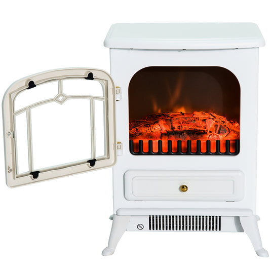 HOMCOM 16" Freestanding Electric Fireplace Heater Fire Stove with Wood Burning Flame 750/1500W White | Dipra Home