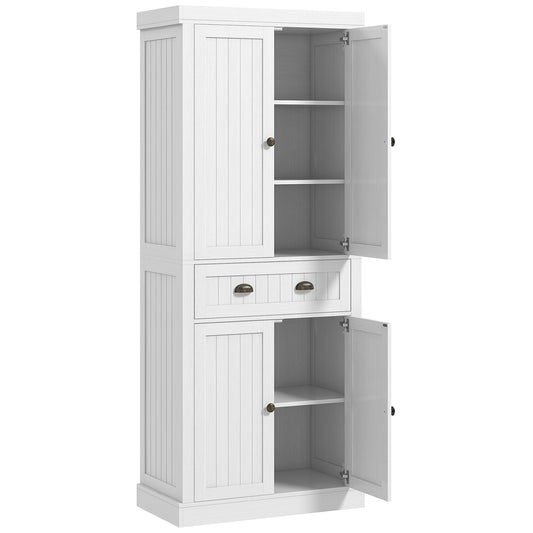 HOMCOM 72" Tall Kitchen Pantry Cabinet 4 Doors 2 Adjustable Shelves Drawer Distressed White Wood | Dipra Home