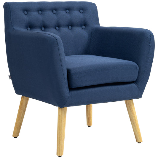 HOMCOM Linen Upholstered Accent Armchair Mid-Century Modern Wood Frame Thick Padding Blue | Dipra Home