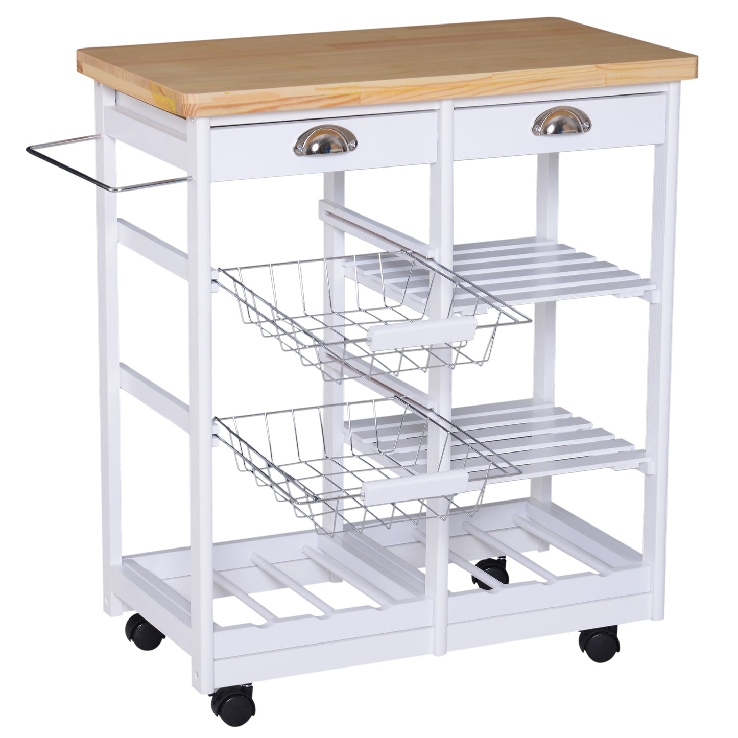 HOMCOM Kitchen Island on Wheels: White Serving Trolley Cart with Storage Baskets, Shelves & Drawers for Versatility | Dipra Home