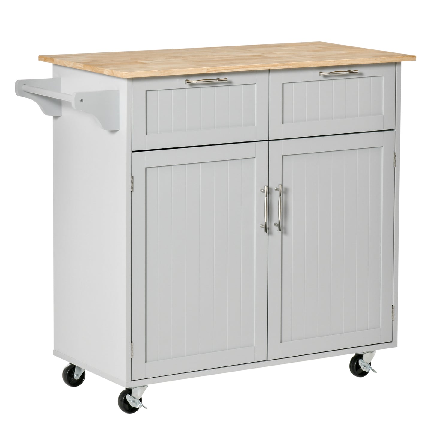 HOMCOM Grey Mobile Kitchen Island: Rubber Wood Top Cart with Storage Drawers, Cabinet & Towel Rack | Dipra Home