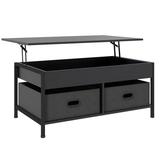 HOMCOM Industrial Lift Top Coffee Table: Live Edge Table with Storage, Open Shelves and Fabric Boxes | Dipra Home