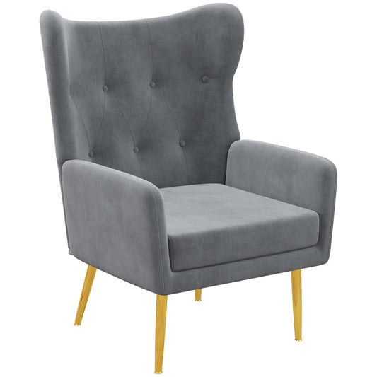 HOMCOM Sophisticated Wingback Flair: Fabric Armchair with Gold Metal Legs for Living Room, Bedroom, Home Office, Grey | Dipra Home