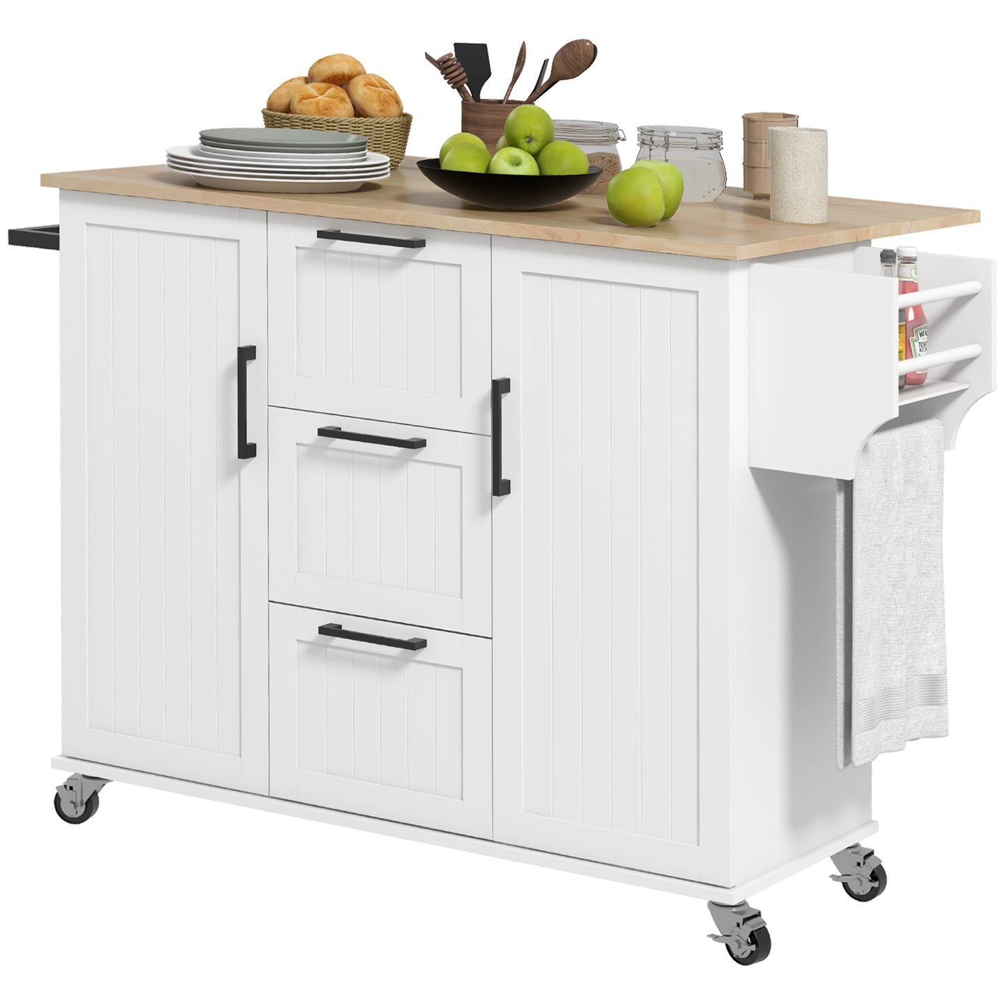 HOMCOM Kitchen Island Cart: On Wheels, Drop Leaf, 3 Drawers, Cabinets, Natural Wood Top, White | Dipra Home