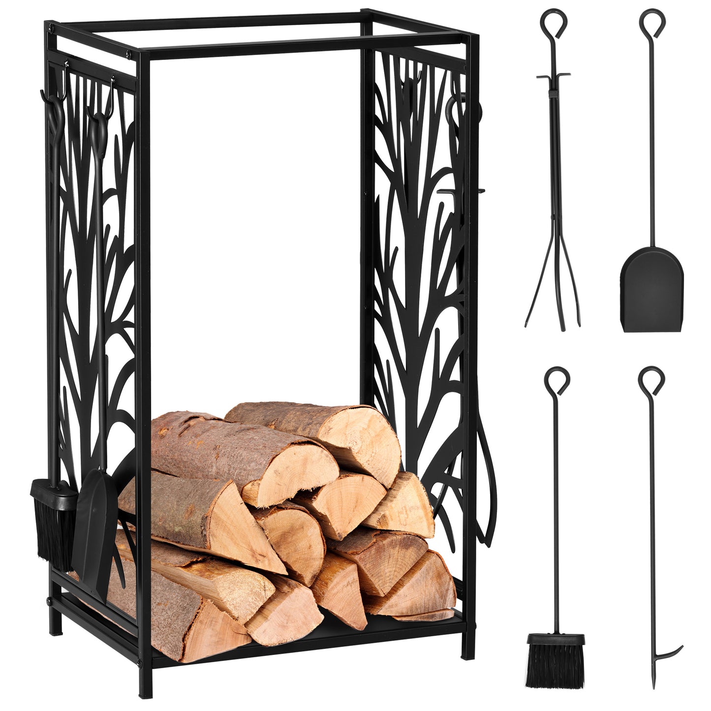 HOMCOM Firewood Rack with Tools 18.1"x11.8"x27.6", Indoor/Outdoor Log Holder, Black Wood Stacker | Dipra Home