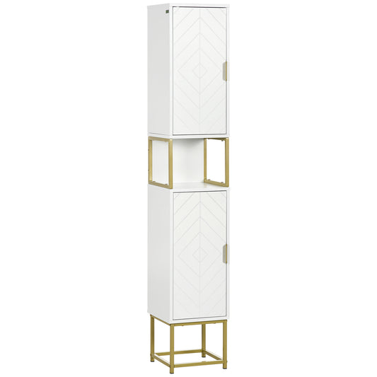 kleankin Narrow Bathroom Linen Cabinet: Adjustable Shelf, 2 Doors & Steel Base in White Compact & Functional | Dipra Home