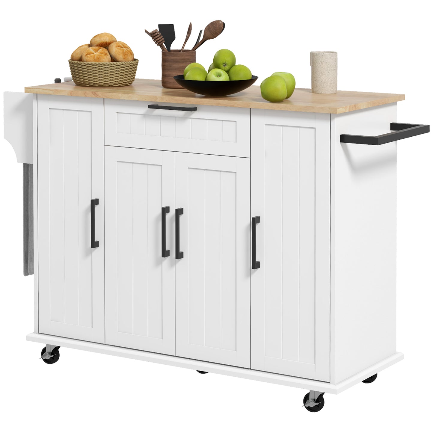 HOMCOM Modern Movable Meal Prep Station: Rolling Kitchen Island Cart, Drawers, Natural Wood Top, Towel Rack, Door Cabinet, White Finish | Dipra Home