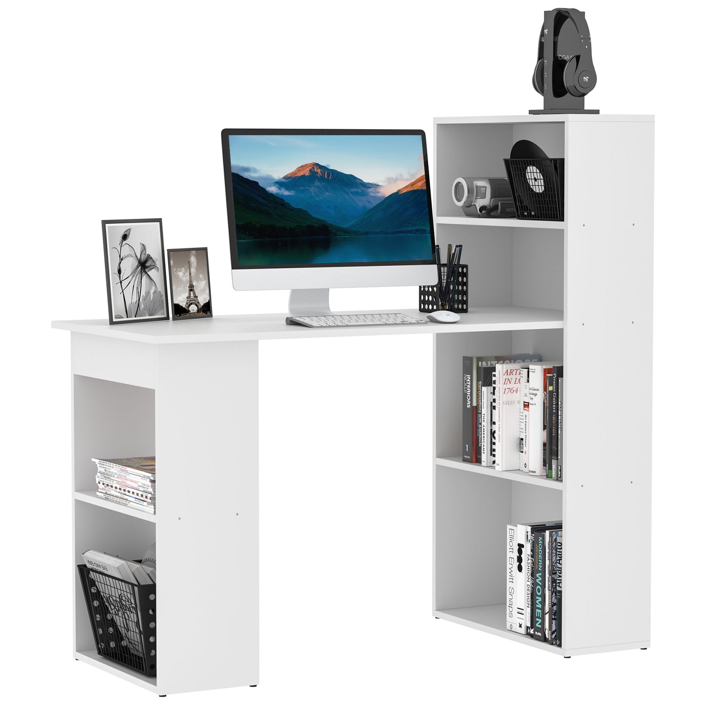 HOMCOM 6-Tier Compact Desk: Writing Table, Workstation & Bookshelf for Home Office Study in White | Dipra Home