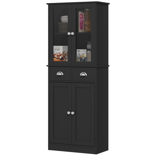 HOMCOM 61" Kitchen Pantry Cabinet, Freestanding Farmhouse Storage Cabinet with Soft Close Glass Doors and Adjustable Shelves, Black | Dipra Home