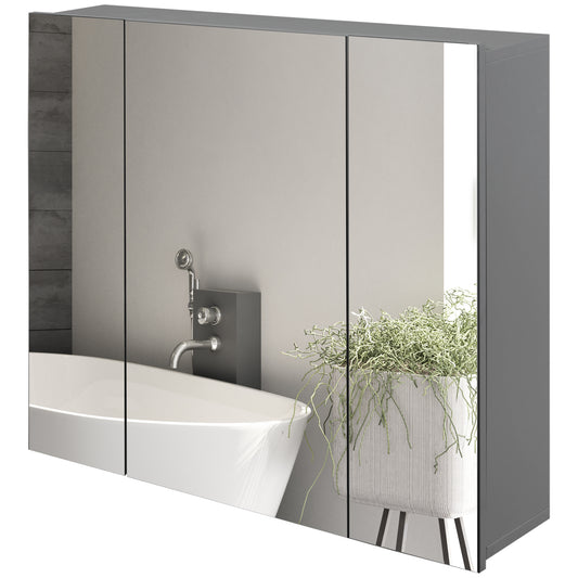 kleankin Wall Mounted Mirror Cabinet, Bathroom Medicine Cabinet with Mirror, 3 Doors and Adjustable Shelves, Grey | Dipra Home