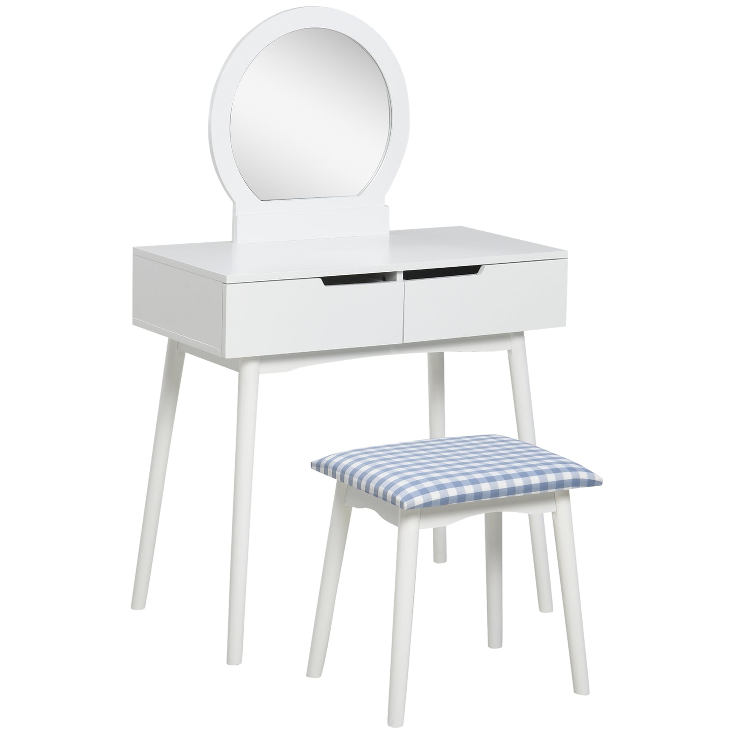 HOMCOM Chic White Vanity Set with Round Mirror Cushioned Stool Makeup Table 2 Large Drawers Sliding Rails | Dipra Home