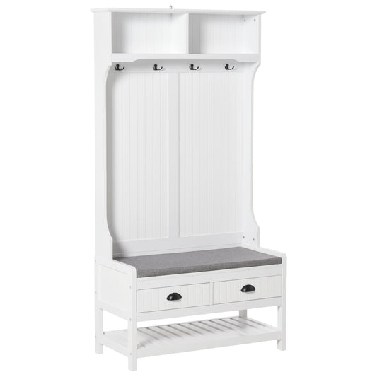 HOMCOM Hall Tree Bench: Entryway Bench with Coat Rack, Hooks, Drawer & Padded Seat, White | Dipra Home