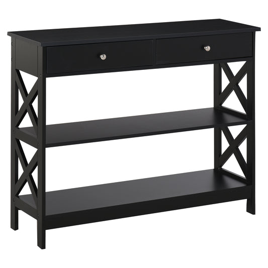 HOMCOM Sofa Side Table Console with Storage Shelves Drawers for Living Room Entryway X Frame Black | Dipra Home