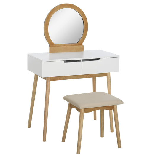 HOMCOM Elegant Vanity Set with Round Mirror Cushioned Stool Makeup Table 2 Large Drawers Nature Wood Finish | Dipra Home